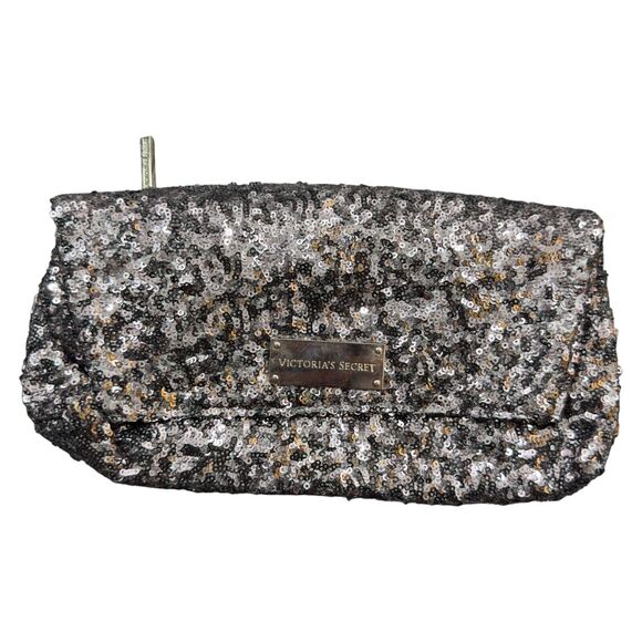 Victoria's Secret Silver Sequin Fold Over Cosmetic Clutch With Zipped Pocket - Picture 1 of 7